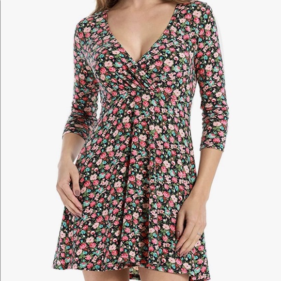 Women Dresses Sexy Deep V-Neck Floral Mini Cocktail Short Dress (size S) - Picture 2 of 4